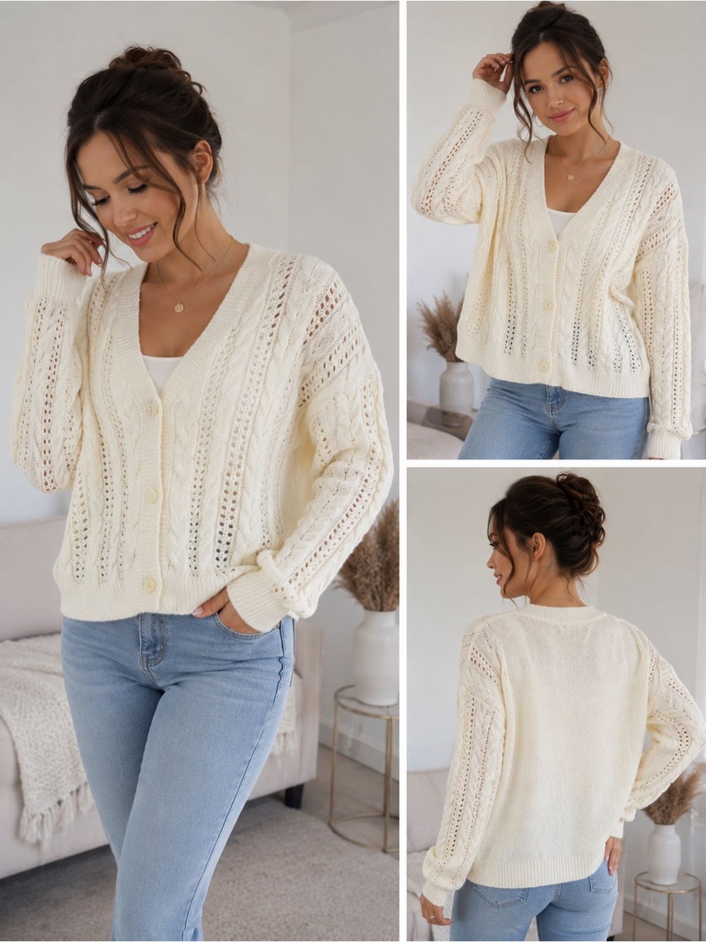 NWT Cupshe Cable Knit Button Front Cardigan Sweater Cream Size M/L
